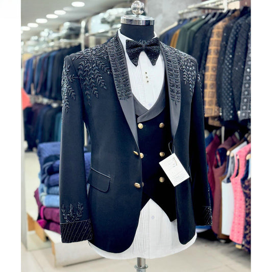 Costumes de mariage noirs faits à la main avec perles pour hommes, costumes formels sur mesure, ensembles de blazer de bal noirs, mode masculine 3 pièces