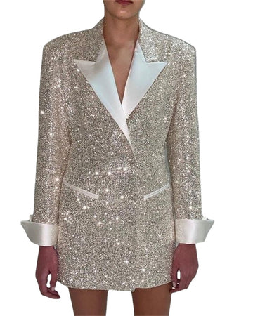 Glitter Sequin Women Suits 1 Pcs Silver Blazer Short Mini Prom Dress Jacket Satin Lapel Custom Size Coat Hot Girl Party Gown