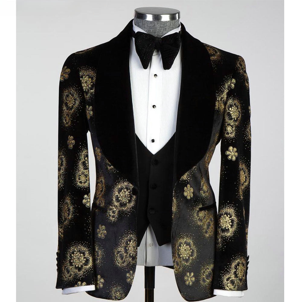 Black Floral Print Men Suits Formal Evening Party 3 Pieces Groom Wear( Jacket + Pants  + Vest  )