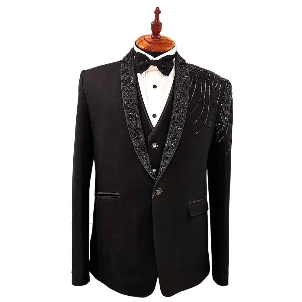Costume de marié 3 pièces noir à paillettes et perles, ensemble blazer de bal sur mesure, mode masculine