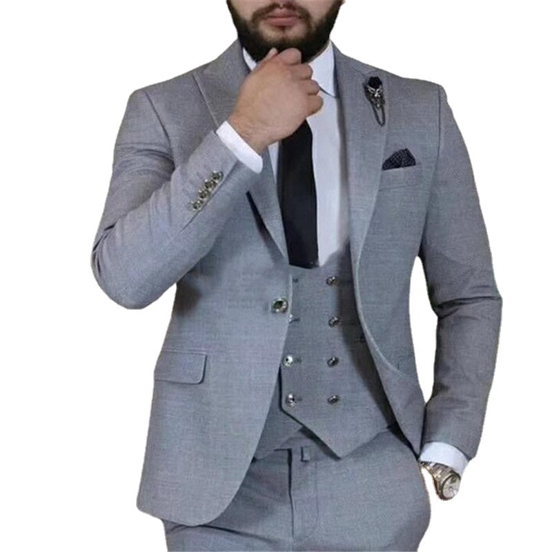 Traje gris de 3 piezas para hombre, corte entallado, para graduación, boda, esmoquin formal para novio, conjunto de negocios (chaqueta, chaleco y pantalones) 