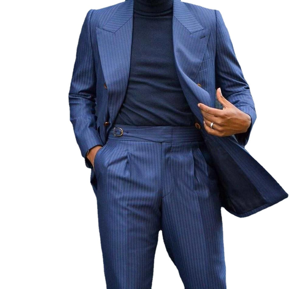 Trajes de hombre a rayas azules para novio, esmoquin ajustado, blazer de dos piezas, chaqueta y pantalón, trajes de fiesta a medida para hombre 