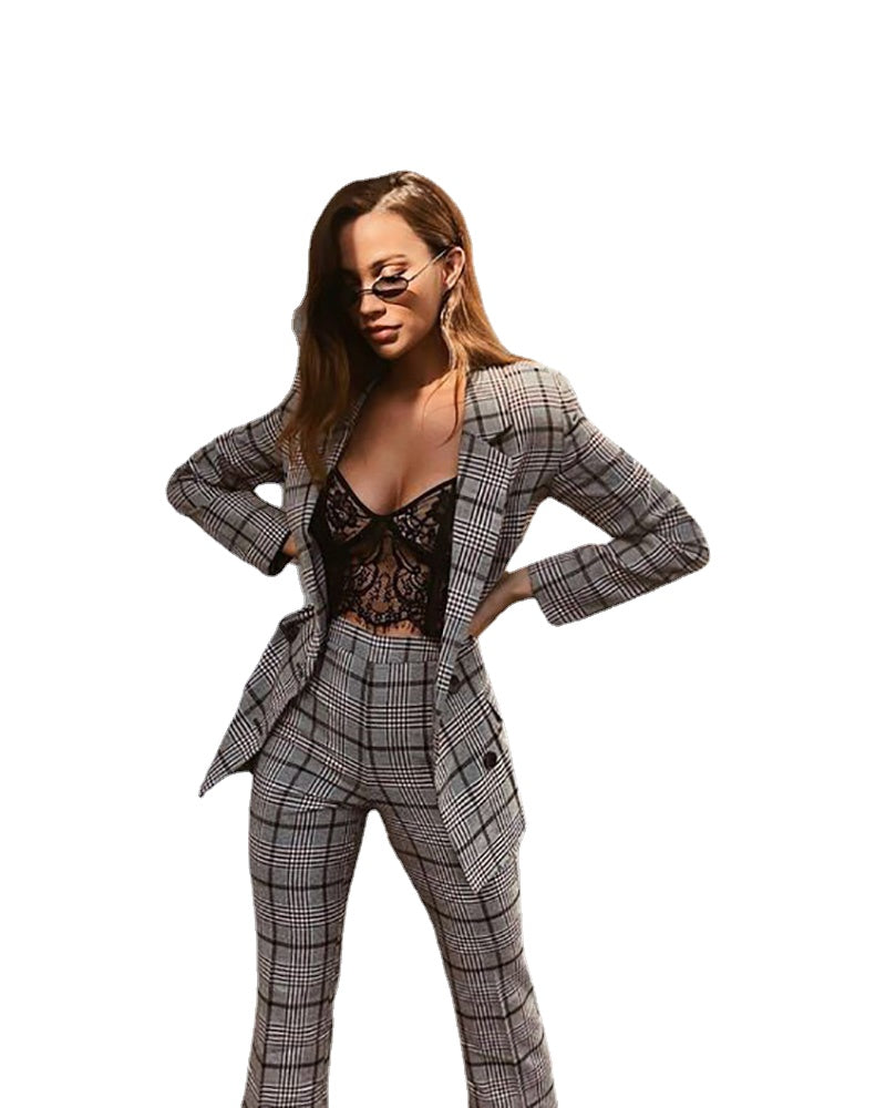 Women Suit Sets Classic Plaid Check Tuxedos Evening Party Slim Blazer Formal Wear For Wedding (Jacket+Pants)