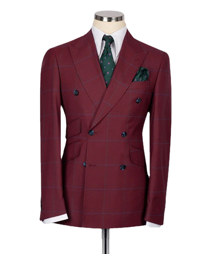 Double Breasted Plaid Burgundy Men's Suit for Wedding  Slim Fit 2pcs Blazer Pants Business Wear Formal Party Elegant Man Suits