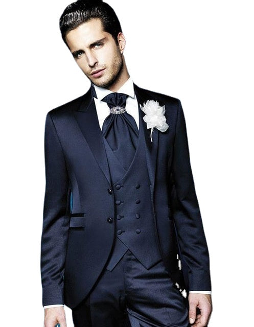 Navy Blue Formal Men Suits For Wedding 3 Pcs (Jacket+Pants+Vest+Tie) Slim Fit Groom Blazer Trousers Custom Party Wear