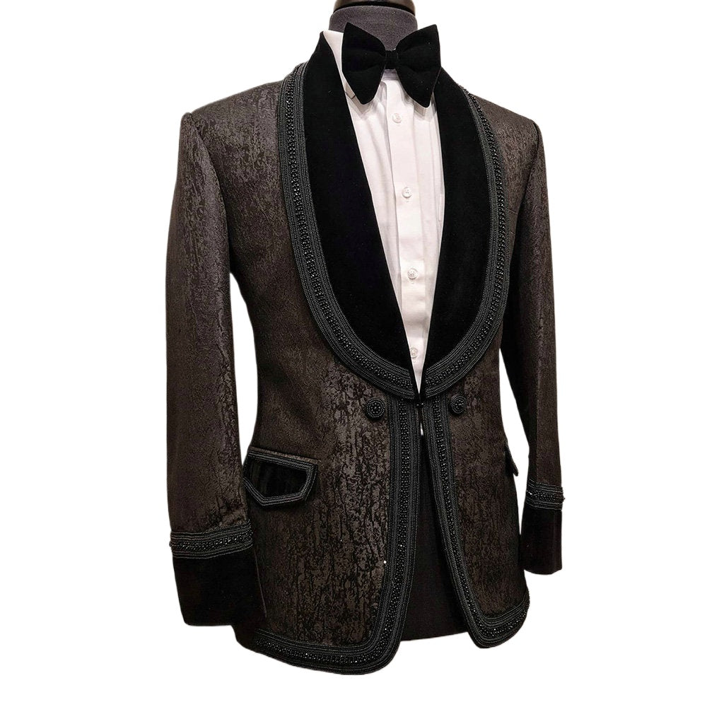 Black Jacquard Groom Wear Beading Formal Men Suits 2 Piece Jacket and Pants Sets Smart Casual Business Blazer