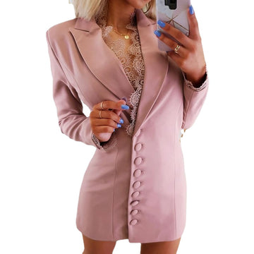 Sexy Pink Lace Women Short Blazer Dress Slim Fit Office Lady Party Prom Jacket Outfit Coat Only One Piece