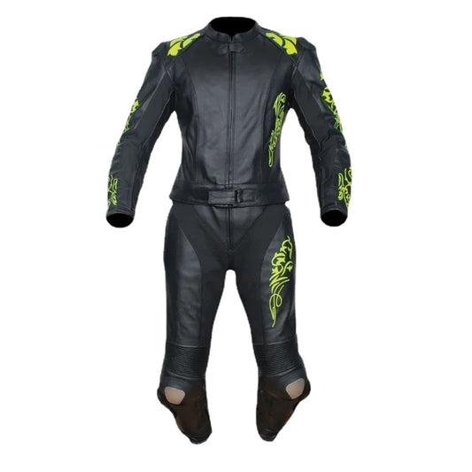 Conjunto de equipo de protección para motocicleta: chaqueta de cuero, pantalones, guantes, botas, negro y verde. 