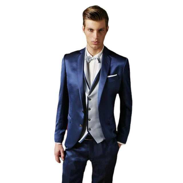 Traje azul marino para hombre, 3 piezas (chaqueta, pantalón, chaleco gris y corbata), diseño de 2 botones, para novio, graduación, corte entallado, blazer y pantalón. 