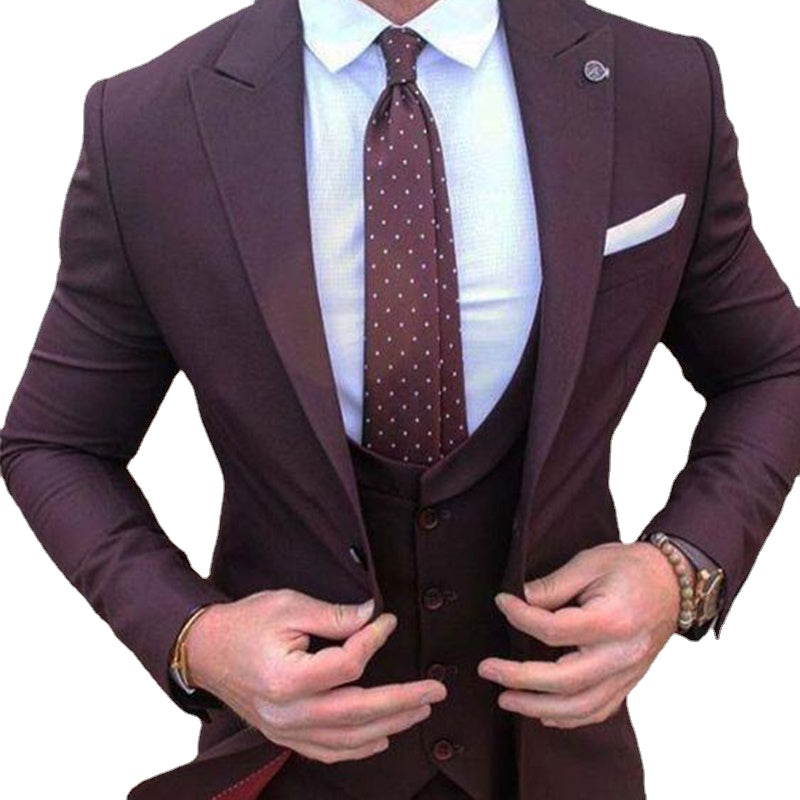 Burgundy Men 3 Piece Business Slim Fit Suit Set Custom Wool Groom Wedding Tuxedo Slim Prom Wedding Business Suit