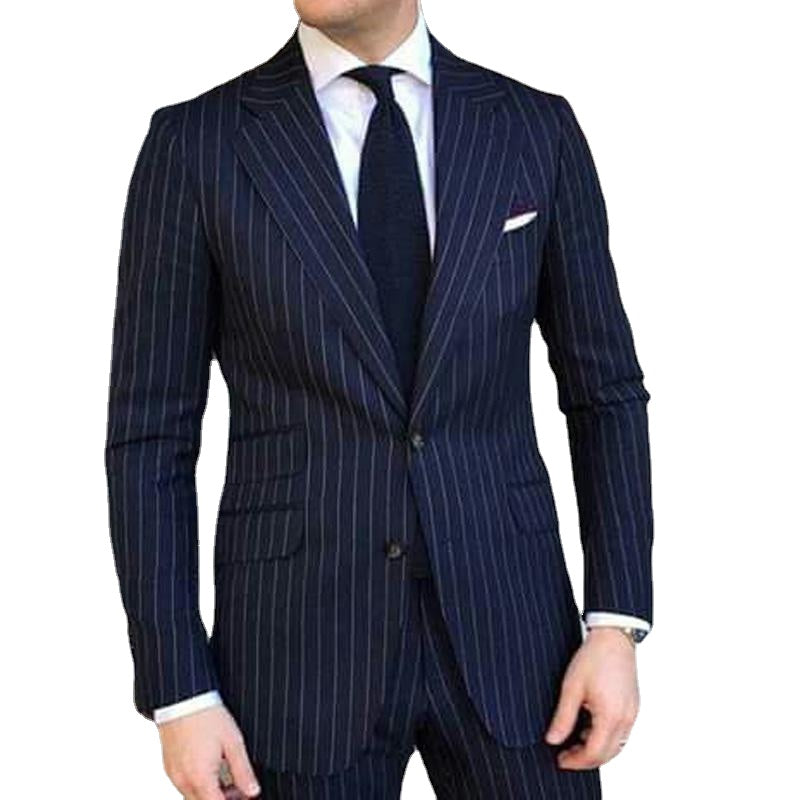 Navy Blue Striped Men Suits for Wedding Suits 2 Pieces Jacket Pants Custom Made Groomsmen Tuxdos Bridegroom