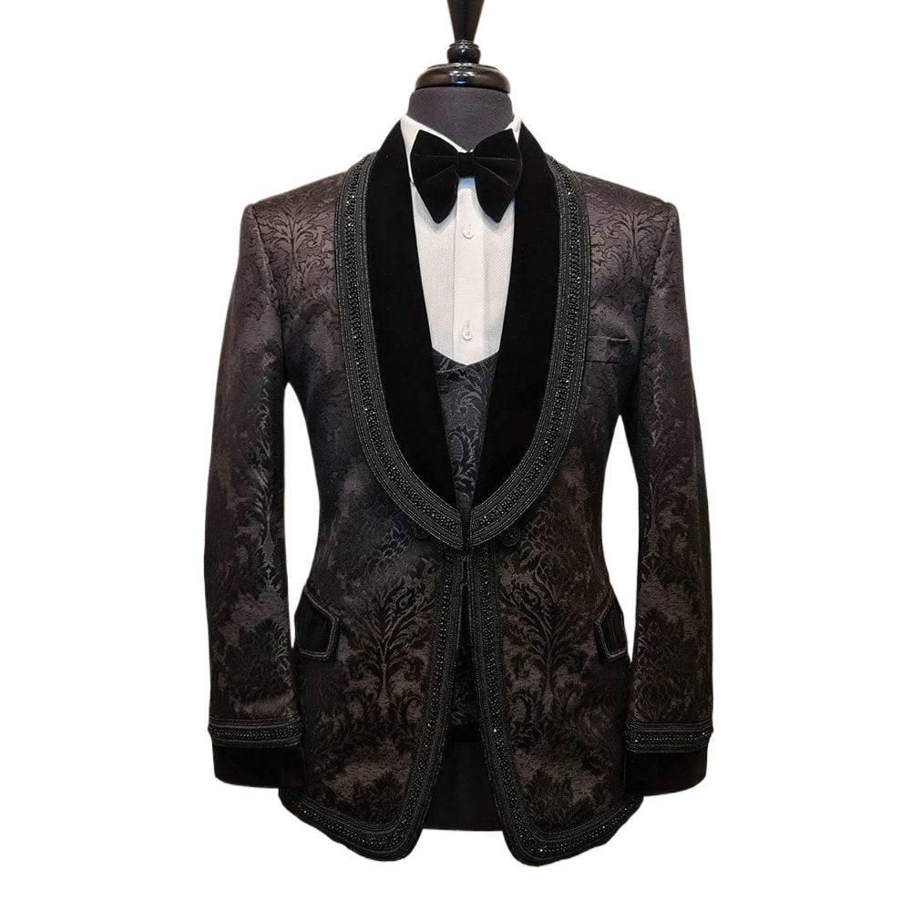 Black Beading Pearls Groom Wear Jacquard Formal Men Suits 3 Piece Jacket Vest Pants Sets Smart Casual Business Blazer