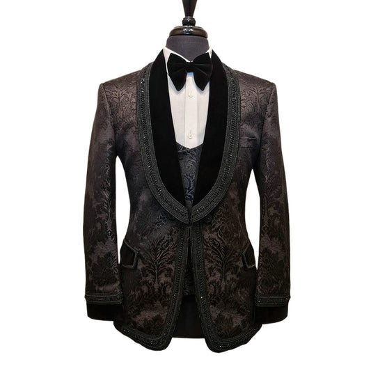 Costume 3 pièces en jacquard noir avec perles et perles pour homme, ensemble veste, gilet et pantalon, style décontracté et élégant.