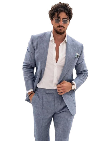Summer Linen Sky Blue Wedding Suits For Men Slim Fit Formal Dinner Party Luxury Dress Custome Large Size Tuxedo 2 Pieces