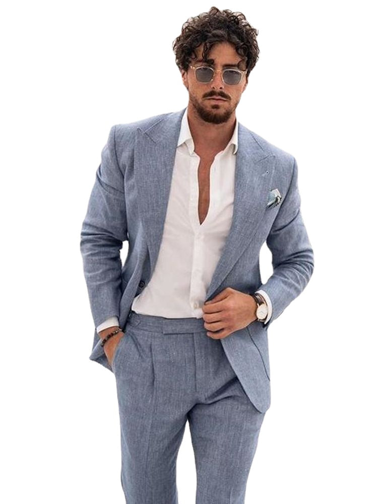 Summer Linen Sky Blue Wedding Suits For Men Slim Fit Formal Dinner Party Luxury Dress Custom Large Size Tuxedo 2 Pieces