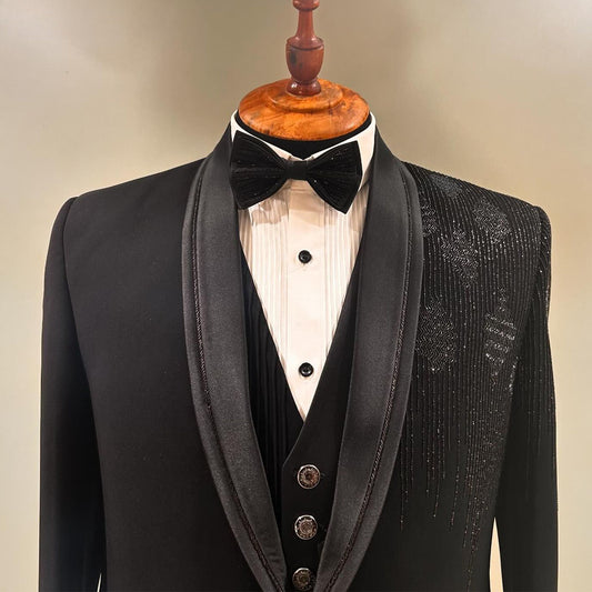 Blazers noirs pour hommes, costumes à paillettes et perles, mode banquet, 3 pièces, veste d'affaires, gilet, pantalon