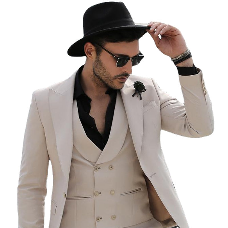 Beige 3 Piece Slim Fit Cutsom Formal Suit Business Peaked Lapel Suit Groom Wedding Beige Tuxedo For Men