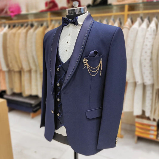 Blazer bleu pour homme, costume 3 pièces à la mode avec perles, veste, gilet et pantalon