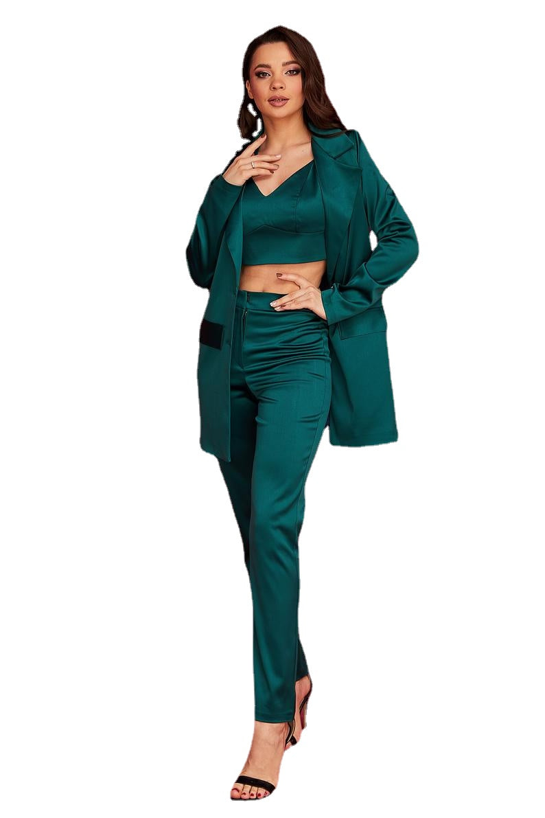 Costume blazer long vert foncé pour femme, tenue d'affaires, pantalon large, tenue de soirée, de club, de loisirs (veste + pantalon) 