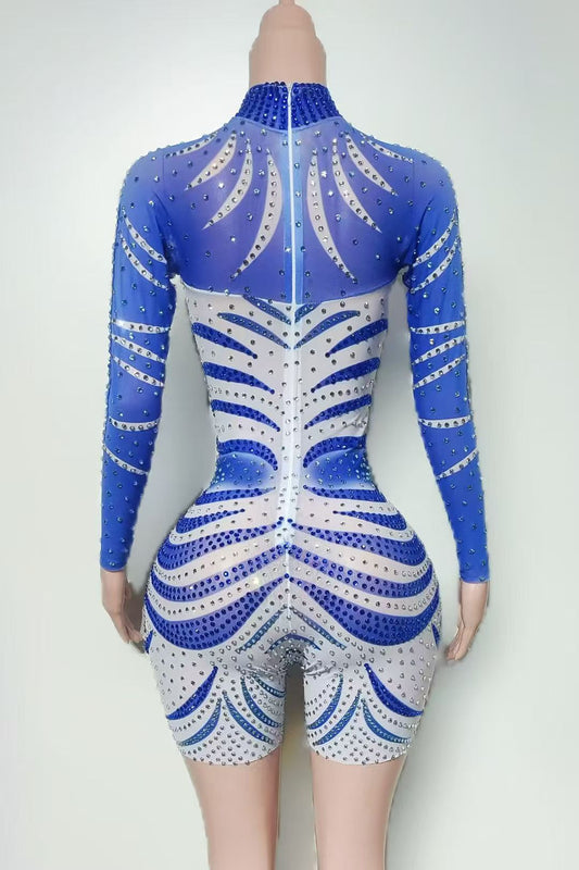 Rulan Luxury Rhinestone Mesh Jumpsuit Shorts Tight and Sexy Singer Models Nightclub Bar Party Performance Costumes