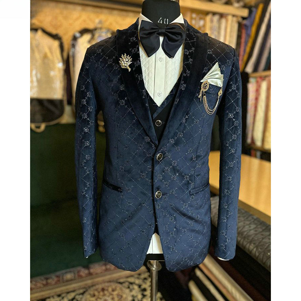 Costume 3 pièces en jacquard noir pour homme, blazer, pantalon, gilet, smoking, haute couture, mariage, bal, grande taille, sur mesure