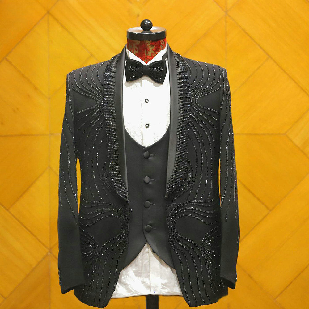 Costume 3 pièces noir fait main avec perles, blazer et pantalon pour homme, smoking, haute couture, mariage, bal, grande taille, sur mesure