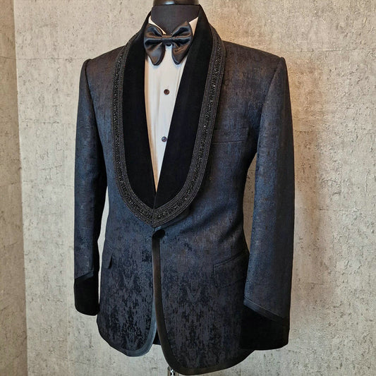 Costume deux pièces en jacquard noir avec perles pour homme, blazer de soirée (veste + pantalon)
