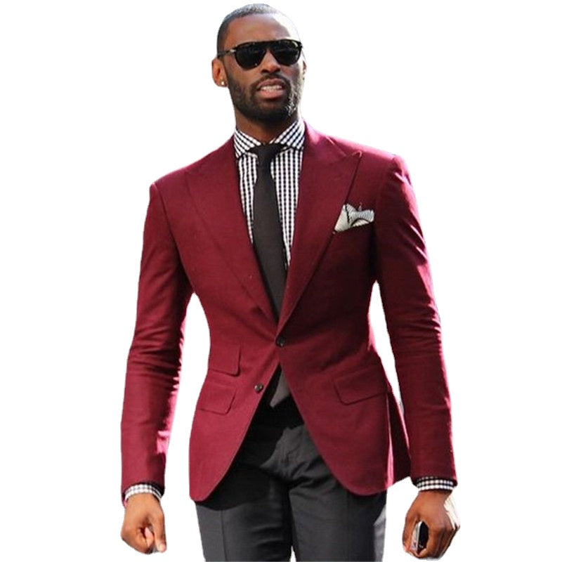 Traje de boda para hombre, color vino, abrigo, traje de 2 piezas (chaqueta, pantalón y corbata), traje de novio entallado, esmoquin, blazer. 