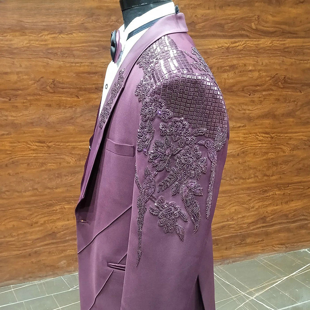 Costume 3 pièces violet à perles pour homme, blazer, gilet, pantalon, paillettes, appliques, smoking, haute couture, mariage, bal, grande taille, sur mesure