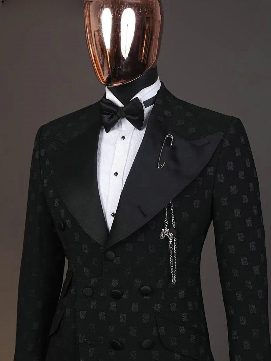 Costume deux pièces à carreaux noirs pour homme (veste + pantalon)