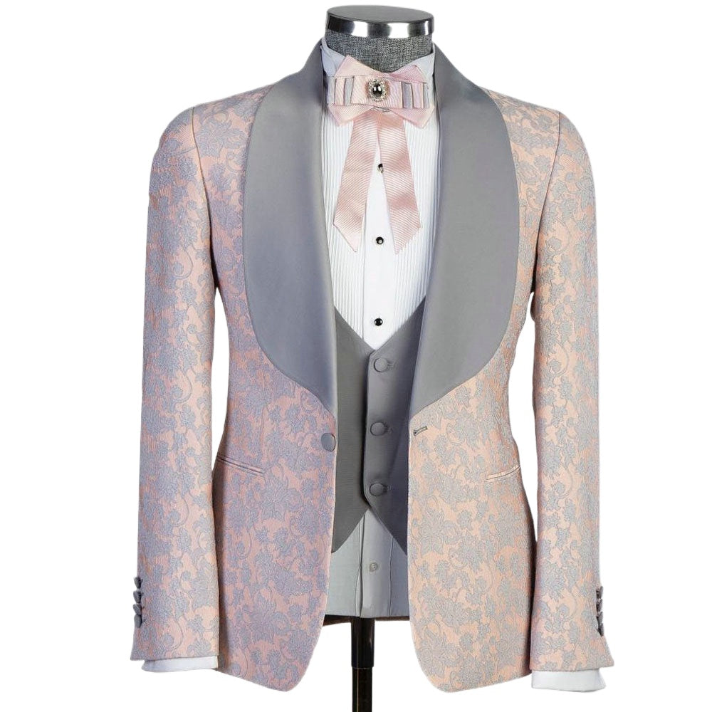 Pink Formal Evening Party Men Suits Floral Jacquard Weave Three Pieces Groom Wear ( Jacket + Vest + Pants )