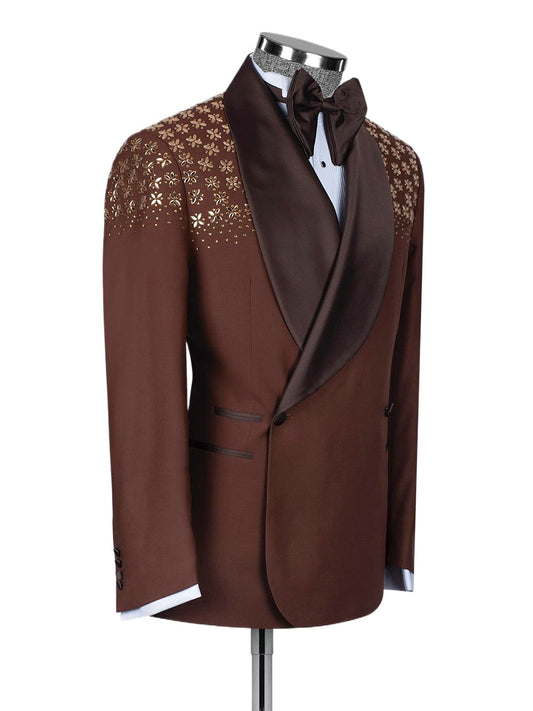 Elegante traje de fiesta de noche de dos piezas para hombre, blazer con cuentas de cristal dorado, traje de novio (chaqueta + pantalón)