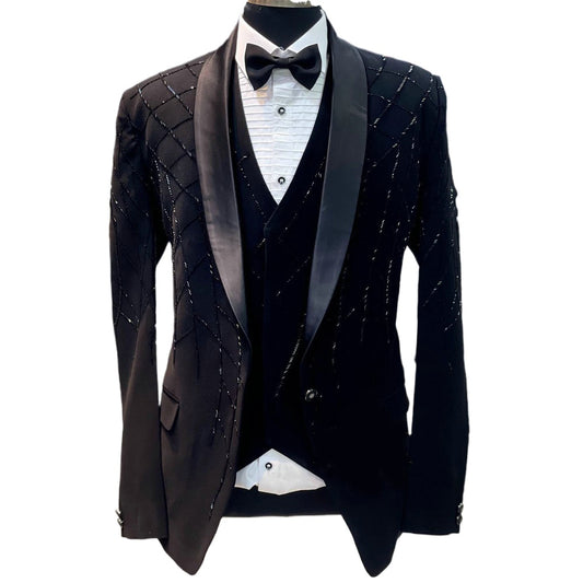 Costume noir formel pour homme, 3 pièces, rayures, perles, mode, tenue décontractée, fête, mariage, smoking, veste, gilet, pantalon