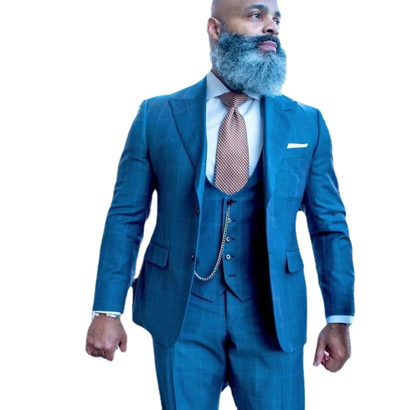 Smoking de mariage bleu à carreaux grande taille, deux boutons, revers pointus, tenue de marié, fête, bal, meilleur costume pour homme (veste + pantalon)
