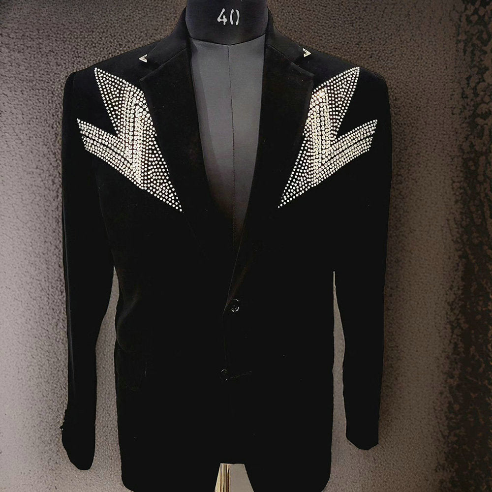 Costume 2 pièces pour homme, avec perles en cristal noir, smoking de mariage, dîner, bal, blazer
