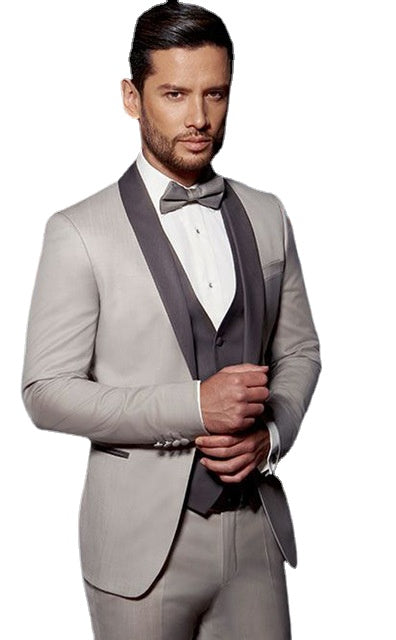 Trajes de boda a medida gris claro, 3 piezas (chaqueta, pantalón y chaleco), esmoquin informal, corte entallado, blazer tipo terno. 