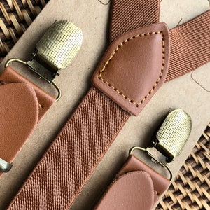 Men's, Women's & Boys' Cognac Brown Leather Suspenders for Rustic Wedding, Groomsmen & Ring Bearer