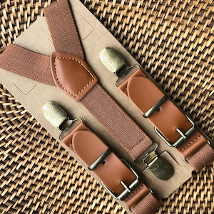 Men's, Women's & Boys' Cognac Brown Leather Suspenders for Rustic Wedding, Groomsmen & Ring Bearer