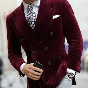 Blazer croisé en velours bordeaux pour homme 