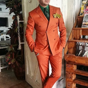 Men Suits 2 Piece Double Breasted Orange Suit Party Wear Designer Prom Suit