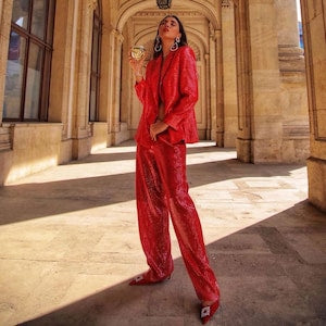 Traje de pantalón con lentejuelas rojas para mujer, conjunto de chaqueta y pantalón, informal, formal y de fiesta.