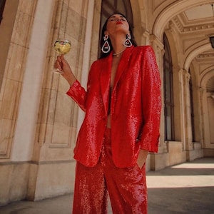 Traje de pantalón con lentejuelas rojas para mujer, conjunto de chaqueta y pantalón, informal, formal y de fiesta.