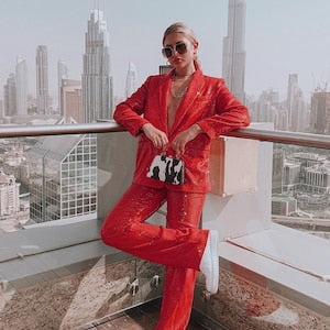Traje de pantalón con lentejuelas rojas para mujer, conjunto de chaqueta y pantalón, informal, formal y de fiesta.