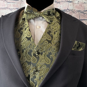 Olive Green Paisley Men's Vest Pre-tied bow tie and Pocket Square 3pcs Set for all formal or casual Prom Wedding Party