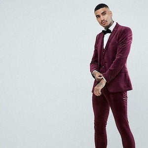 Traje de novio para hombre, traje de terciopelo granate de 3 piezas, traje de boda para playa, trajes de novio, traje de boda, traje de terciopelo para hombre, traje de cóctel.
