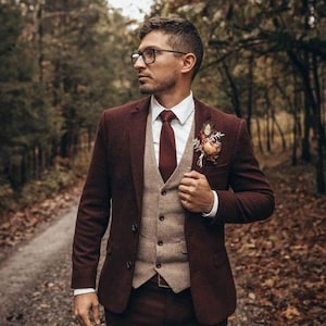 Costume en tweed marron pour homme, costume 3 pièces pour garçon d'honneur, costume slim fit, costume de mariage pour marié, costume pour homme 