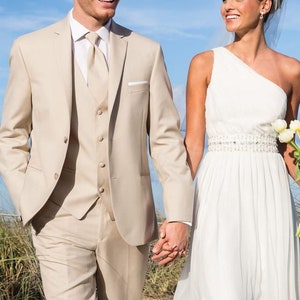 Trajes clásicos de 3 piezas en color tostado para hombre, trajes elegantes de corte entallado, trajes para bodas en la playa, trajes para novios, trajes de fiesta, a medida para hombre. 