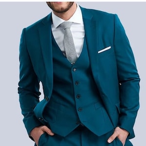 Trajes para hombre Traje de boda de tres piezas azul verdoso, traje formal de corte entallado