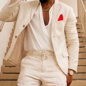 Traje de lino beige de 2 piezas para hombre, traje de novio para boda, traje de verano, traje de boda para hombre, traje transpirable con pantalones cortos, traje de boda para playa. 