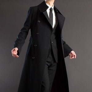 Veste longue pour homme, trench-coat décontracté, mode, manteau croisé de luxe en tweed noir, pardessus long, vestes longues 
